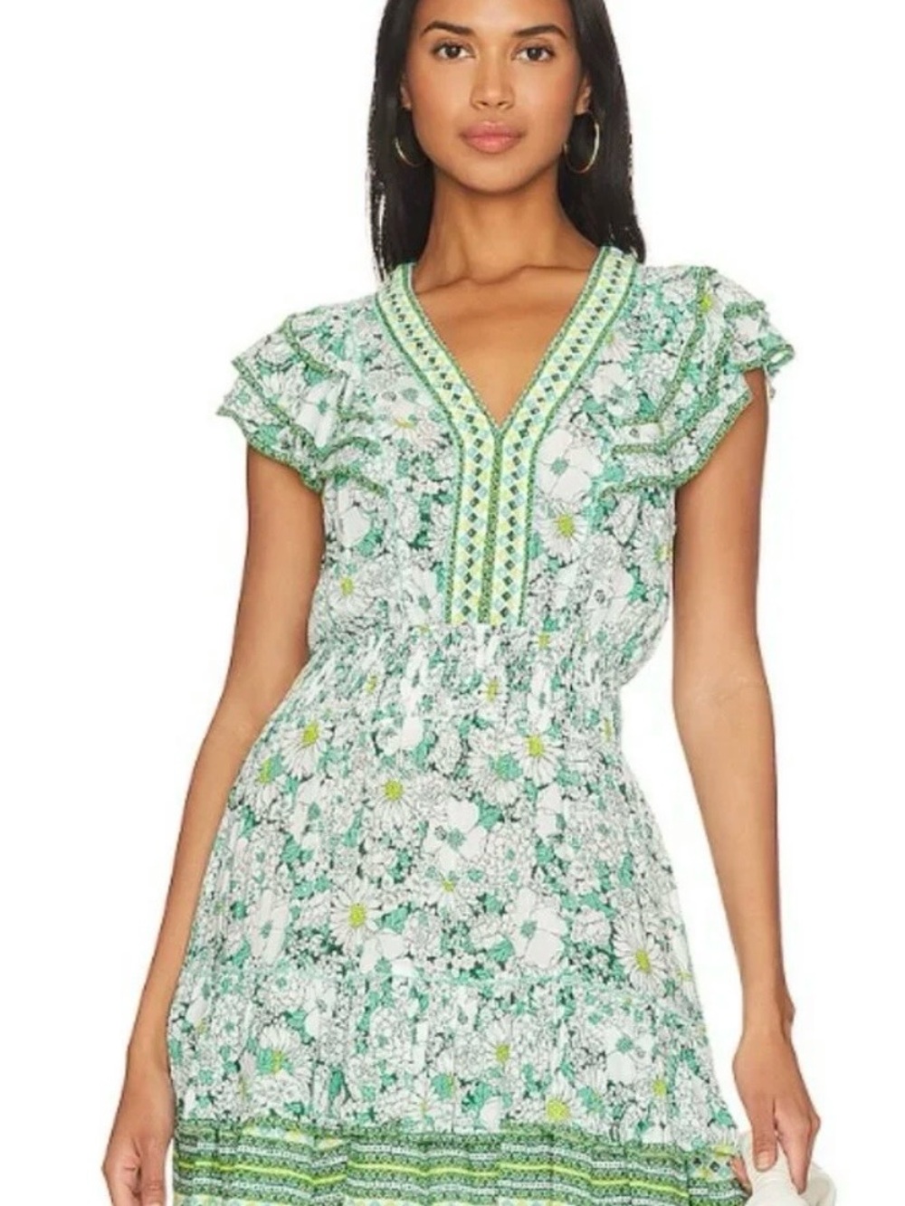 Poupette St Barth Green Floral V-Neck Ruffle Sleeve Dress